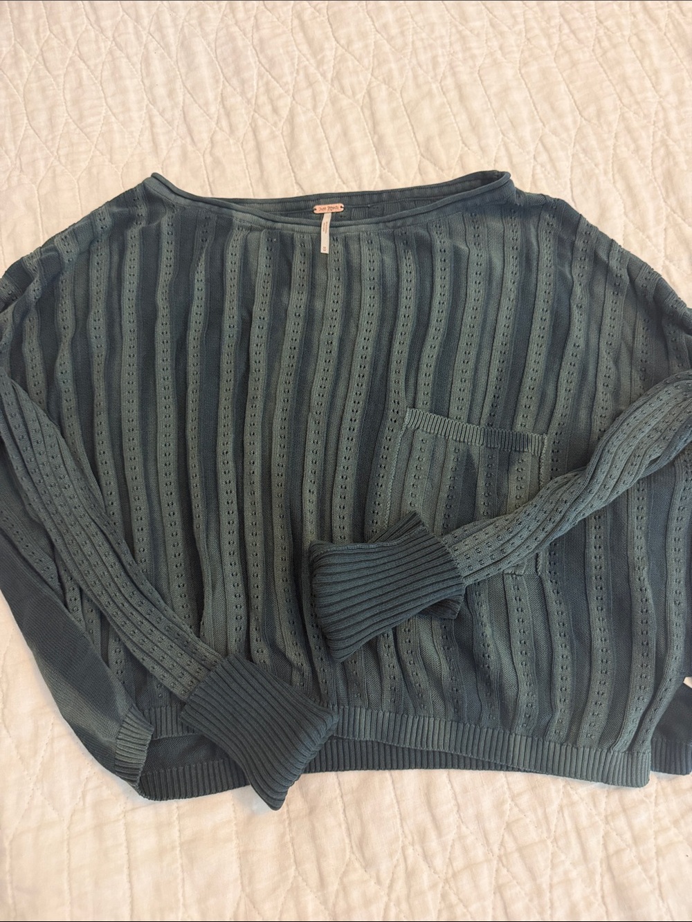Free People Teal Open-Knit Crewneck Sweater with Pocket